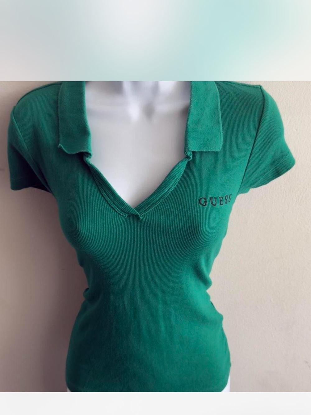 GUESS Green Ribbed Short Sleeve Polo Top